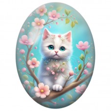 Cabochon en Verre Illustré Chaton Blanc dans les Fleurs Roses 13x18, 18x25 ou 30x40mm pour la Création de Bijoux Fantaisie - DIY