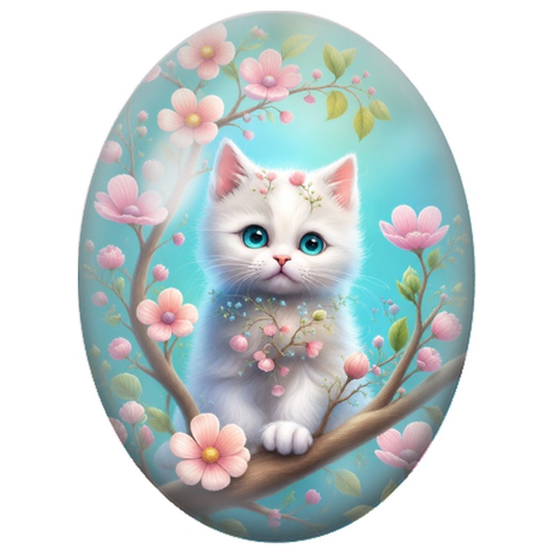 Cabochon en Verre Illustré Chaton Blanc dans les Fleurs Roses 13x18, 18x25 ou 30x40mm