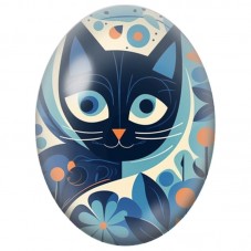 Cabochon en Verre Illustré Chat Noir Graphique aux Fleurs Bleues 13x18, 18x25 ou 30x40mm pour la Création de Bijoux Fantaisie - 