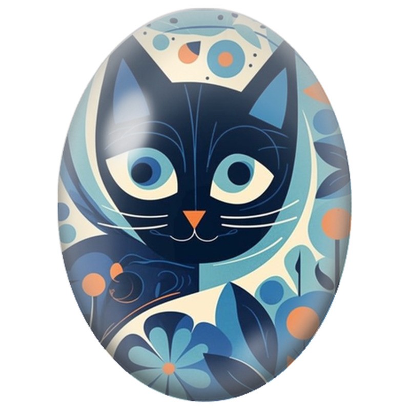 Cabochon en Verre Illustré Chat Noir Graphique aux Fleurs Bleues 13x18, 18x25 ou 30x40mm
