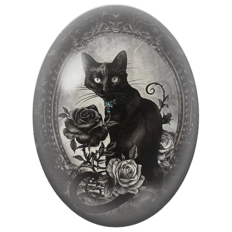 Cabochon en Verre Illustré Chat Noir Gothique parmi les Roses 13x18, 18x25 ou 30x40mm