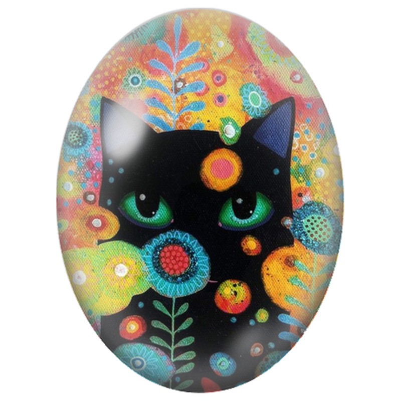 Cabochon en Verre Illustré Chat Noir aux Fleurs Multicolores 13x18, 18x25 ou 30x40mm