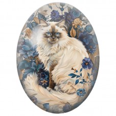 Cabochon en Verre Illustré Chat à Poils Longs parmi les Fleurs Bleues 13x18, 18x25 ou 30x40mm pour la Création de Bijoux Fantais
