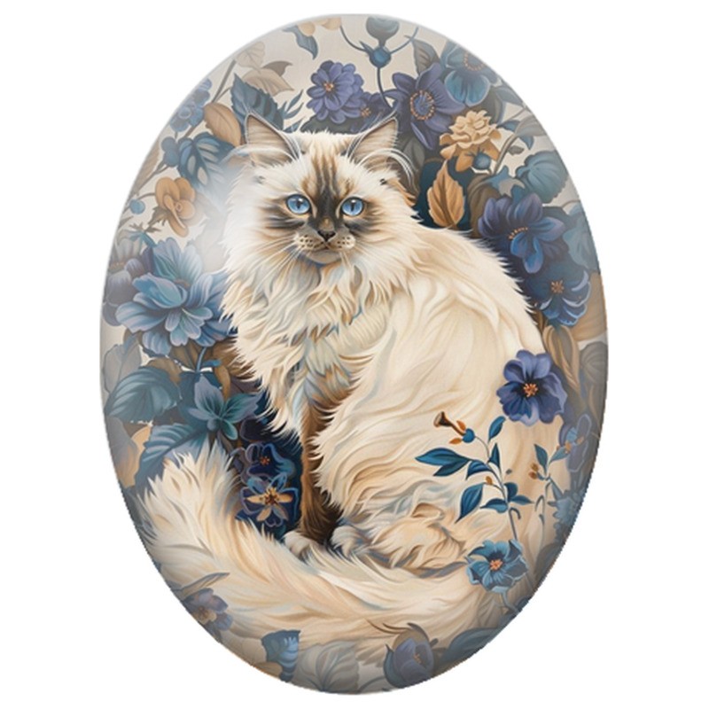 Cabochon en Verre Illustré Chat à Poils Longs parmi les Fleurs Bleues 13x18, 18x25 ou 30x40mm