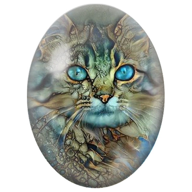 Cabochon en Verre Illustré Visage de Chat aux Reflets Minéraux Bleus 13x18, 18x25 ou 30x40mm