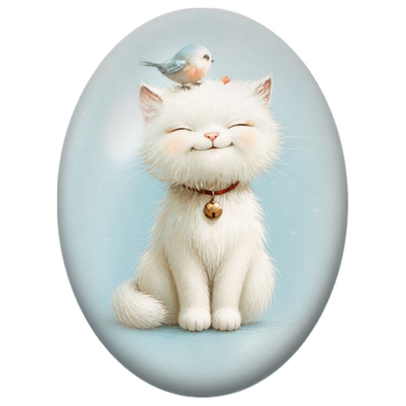 Cabochon en Verre Illustré Chat Blanc Souriant avec un Oiseau Bleu 13x18, 18x25 ou 30x40mm