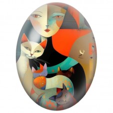 Cabochon en Verre Illustré Femme aux Chats dans un Univers Graphique 13x18, 18x25 ou 30x40mm pour la Création de Bijoux Fantaisi