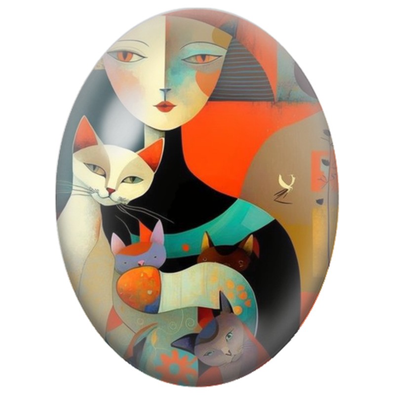 Cabochon en Verre Illustré Femme aux Chats dans un Univers Graphique 13x18, 18x25 ou 30x40mm