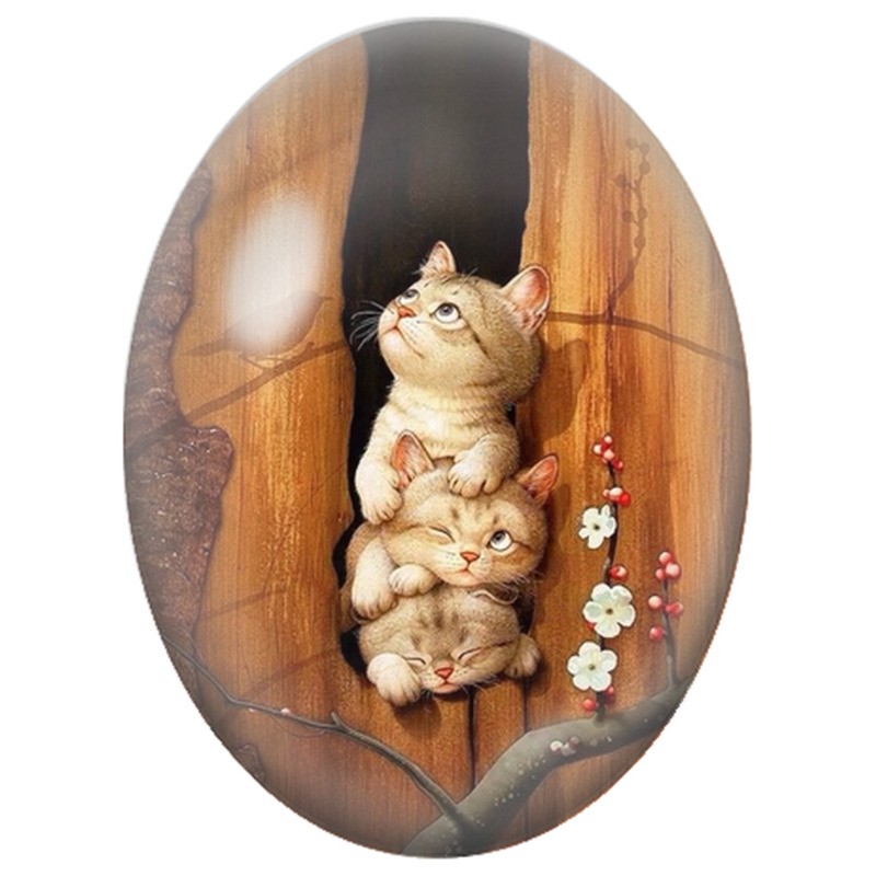Cabochon en Verre Illustré Trois Chatons dans le Creux d’un Arbre 13x18, 18x25 ou 30x40mm