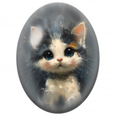 Cabochon en Verre Illustré Chaton aux Grands Yeux sur Fond Bleu Nuit 13x18, 18x25 ou 30x40mm pour la Création de Bijoux Fantaisi