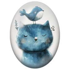 Cabochon en Verre Illustré Chat Bleu avec un Oiseau sur la Tête 13x18, 18x25 ou 30x40mm pour la Création de Bijoux Fantaisie - D