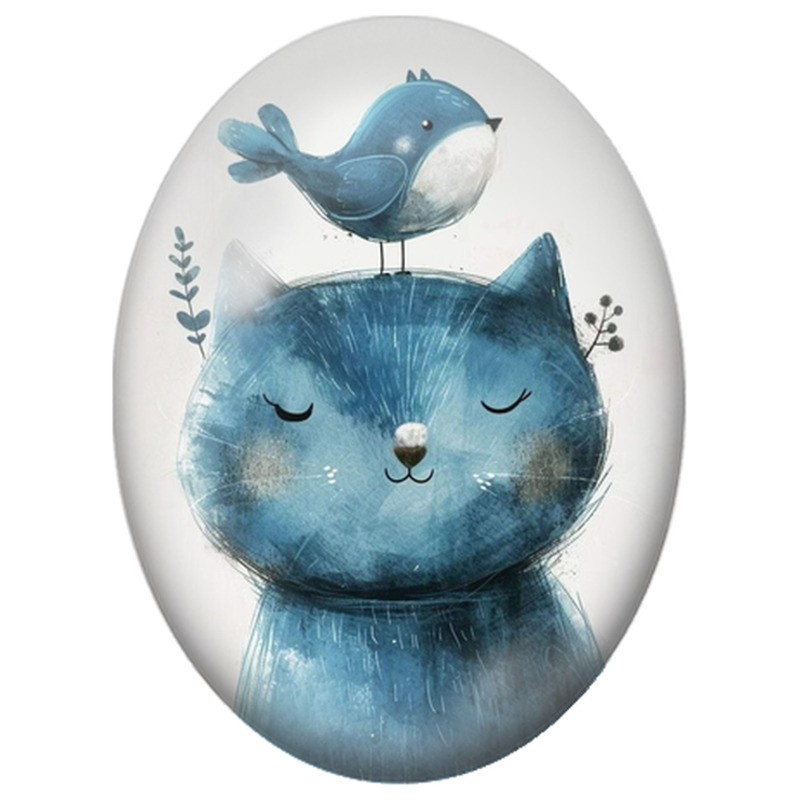 Cabochon en Verre Illustré Chat Bleu avec un Oiseau sur la Tête 13x18, 18x25 ou 30x40mm