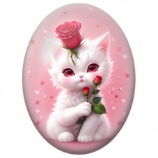 Cabochon en Verre Illustré Chaton Blanc aux Roses Rouges 13x18, 18x25 ou 30x40mm pour la Création de Bijoux Fantaisie - DIY
