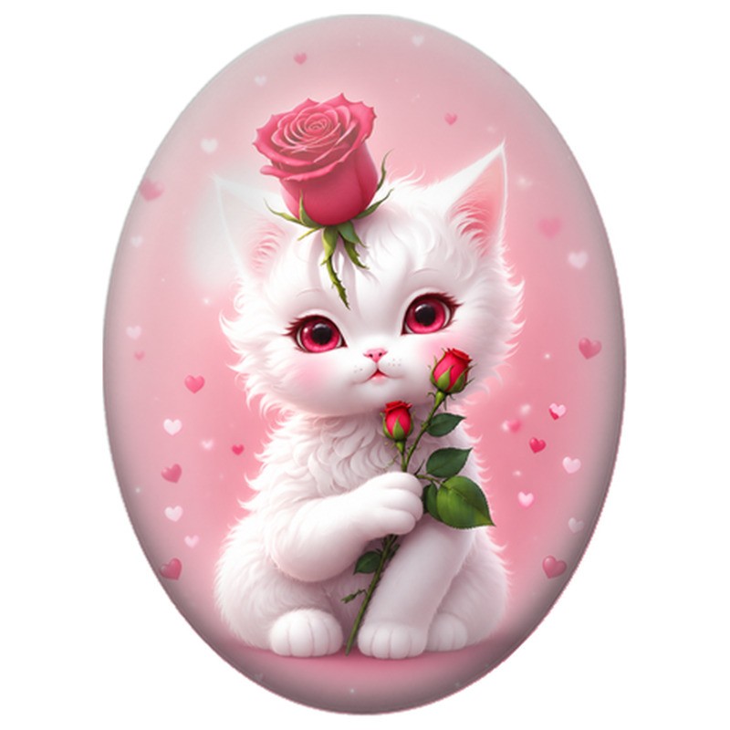 Cabochon en Verre Illustré Chaton Blanc aux Roses Rouges 13x18, 18x25 ou 30x40mm