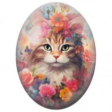 Cabochon en Verre Illustré Chat aux Fleurs et Papillons Colorés 13x18, 18x25 ou 30x40mm pour la Création de Bijoux Fantaisie - D
