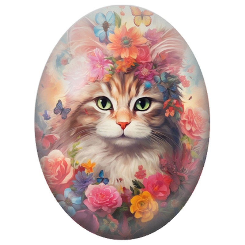 Cabochon en Verre Illustré Chat aux Fleurs et Papillons Colorés 13x18, 18x25 ou 30x40mm