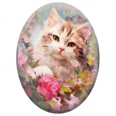 Cabochon en Verre Illustré Chat Blanc et Roux parmi les Fleurs Roses 13x18, 18x25 ou 30x40mm pour la Création de Bijoux Fantaisi