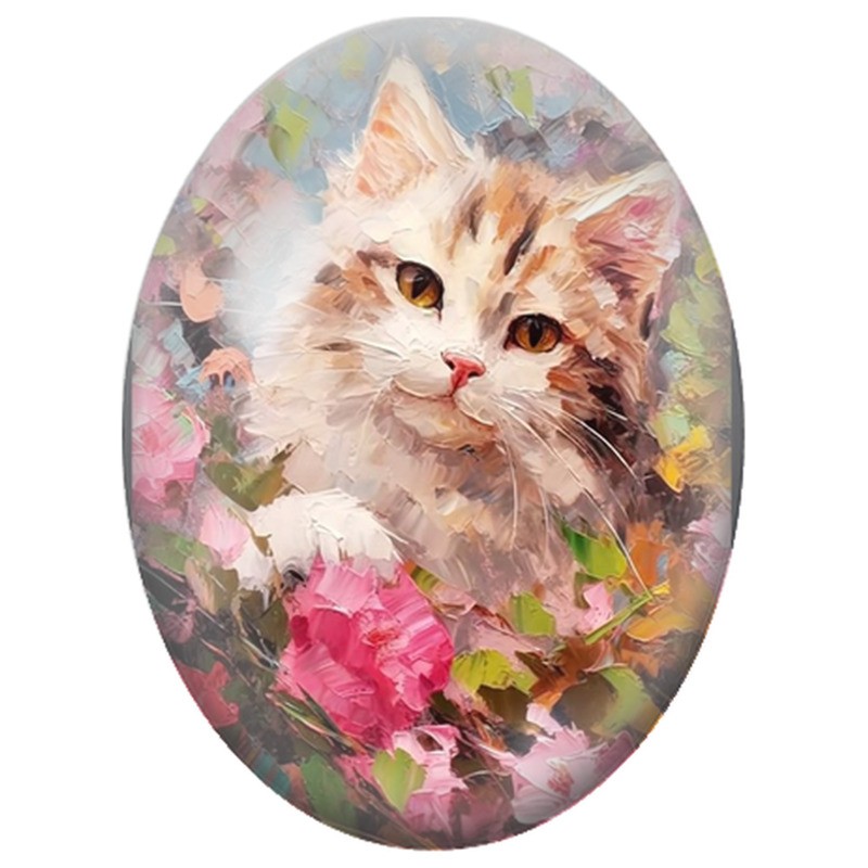 Cabochon en Verre Illustré Chat Blanc et Roux parmi les Fleurs Roses 13x18, 18x25 ou 30x40mm
