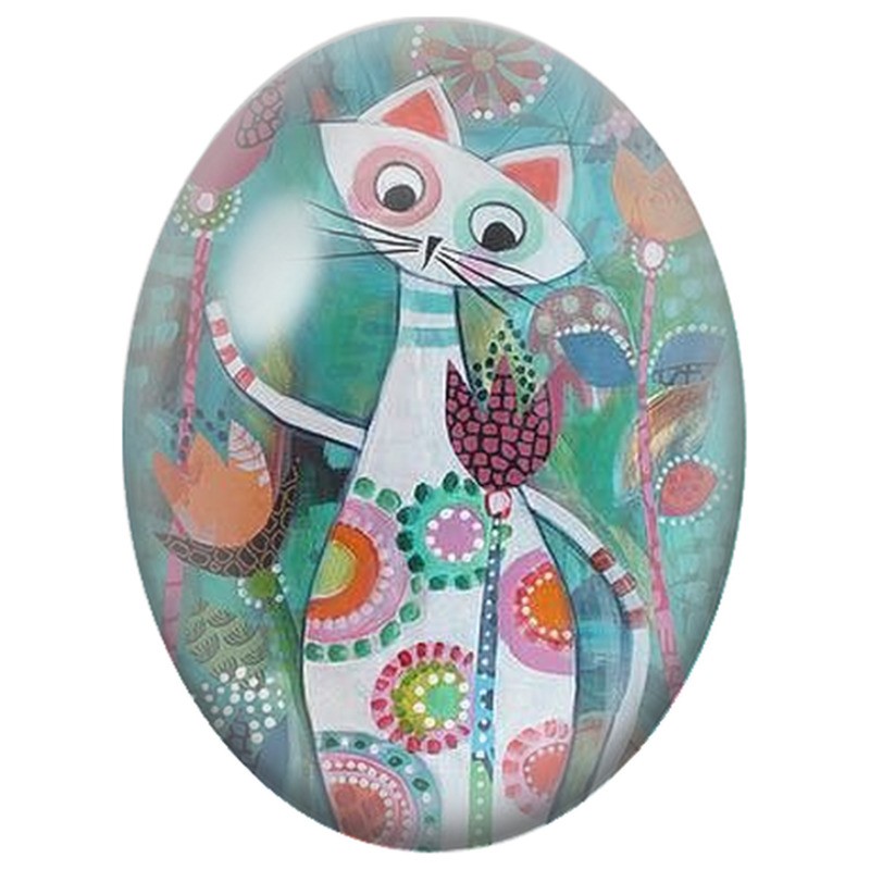 Cabochon en Verre Illustré Chat Blanc aux Fleurs Graphiques Colorées 13x18, 18x25 ou 30x40mm