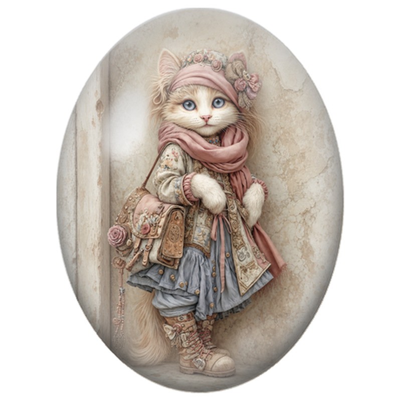 Cabochon en Verre Illustré Chat Voyageur en Tenue Rose Vintage 13x18, 18x25 ou 30x40mm
