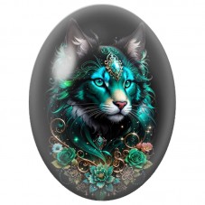 Cabochon en Verre Illustré Chat Mystique Turquoise aux Bijoux Dorés 13x18, 18x25 ou 30x40mm pour la Création de Bijoux Fantaisie