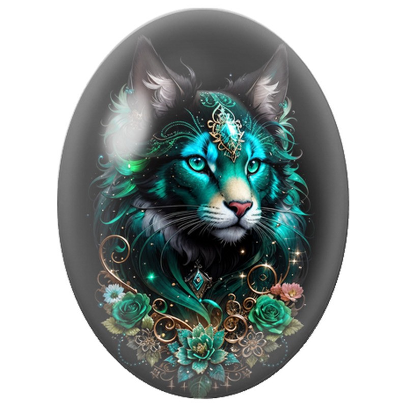 Cabochon en Verre Illustré Chat Mystique Turquoise aux Bijoux Dorés 13x18, 18x25 ou 30x40mm