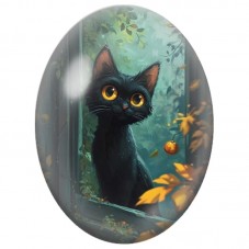 Cabochon en Verre Illustré Chaton Noir à la Fenêtre d’Automne 13x18, 18x25 ou 30x40mm pour la Création de Bijoux Fantaisie - DIY