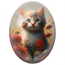 Cabochon en Verre Illustré Chaton Tricolore parmi les Fleurs Rouges 13x18, 18x25 ou 30x40mm pour la Création de Bijoux Fantaisie