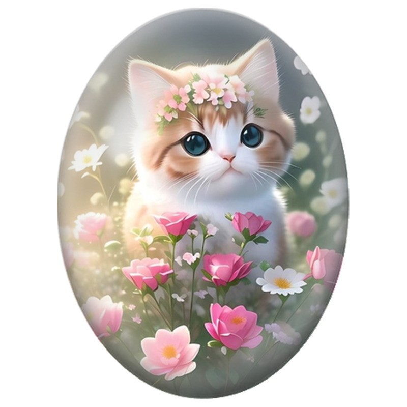 Cabochon en Verre Illustré Chaton Roux à la Couronne de Fleurs Roses 13x18, 18x25 ou 30x40mm