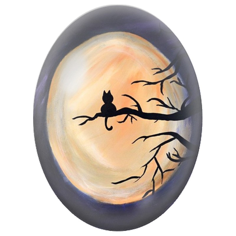 Cabochon en Verre Illustré Silhouette de Chat devant la Pleine Lune 13x18, 18x25 ou 30x40mm