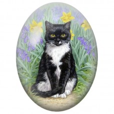 Cabochon en Verre Illustré Chat Noir et Blanc parmi les Jonquilles 13x18, 18x25 ou 30x40mm pour la Création de Bijoux Fantaisie 