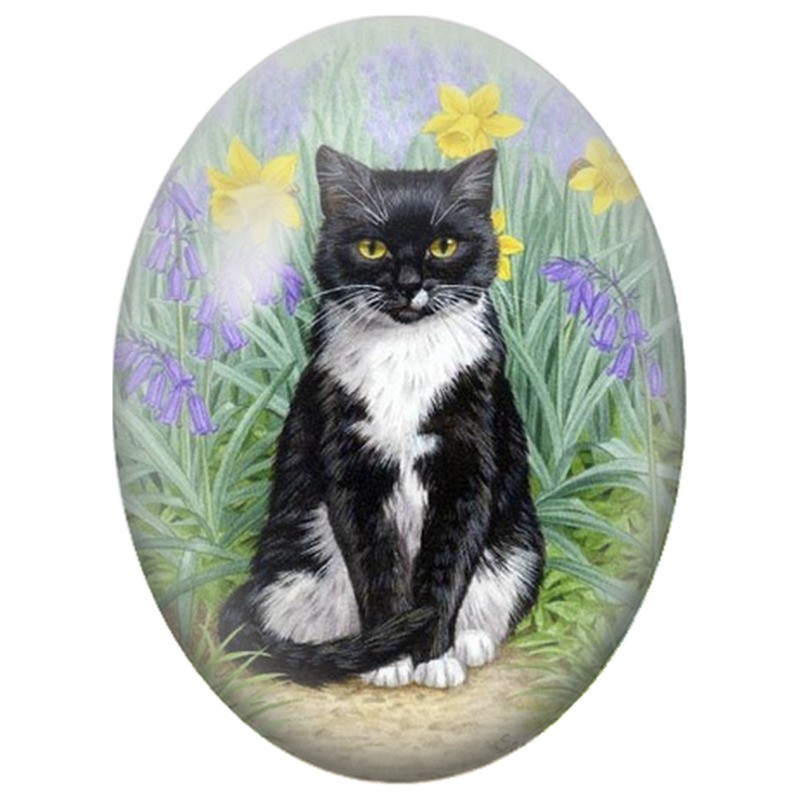 Cabochon en Verre Illustré Chat Noir et Blanc parmi les Jonquilles 13x18, 18x25 ou 30x40mm