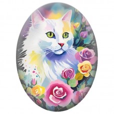 Cabochon en Verre Illustré Chat Blanc aux Roses Multicolores 13x18, 18x25 ou 30x40mm pour la Création de Bijoux Fantaisie - DIY