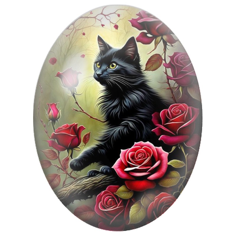 Cabochon en Verre Illustré Chat Noir parmi les Roses Rouges 13x18, 18x25 ou 30x40mm