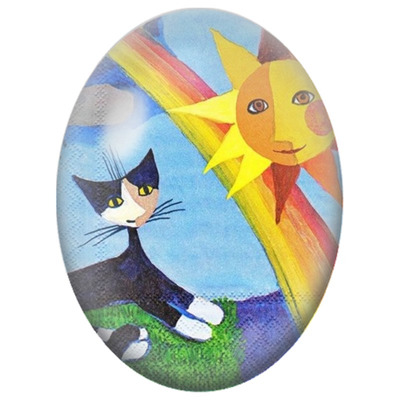 Cabochon en Verre Illustré Chat sous un Soleil et un Arc-en-Ciel 13x18, 18x25 ou 30x40mm