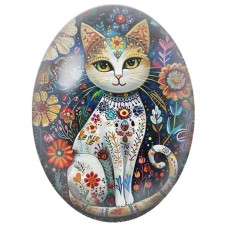Cabochon en Verre Illustré Chat Blanc aux Motifs Floraux Folkloriques 13x18, 18x25 ou 30x40mm pour la Création de Bijoux Fantais