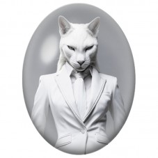 Cabochon en Verre Illustré Chat Blanc en Costume Élégant 13x18, 18x25 ou 30x40mm pour la Création de Bijoux Fantaisie - DIY
