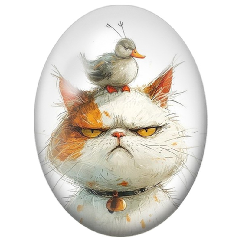 Cabochon en Verre Illustré Chat Grognon avec un Canard sur la Tête 13x18, 18x25 ou 30x40mm