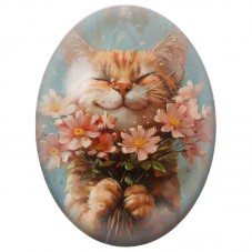 Cabochon en Verre Illustré Chat Roux au Bouquet de Marguerites 13x18, 18x25 ou 30x40mm pour la Création de Bijoux Fantaisie - DI