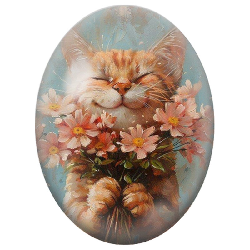 Cabochon en Verre Illustré Chat Roux au Bouquet de Marguerites 13x18, 18x25 ou 30x40mm