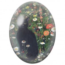 Cabochon en Verre Illustré Chat Noir dans une Prairie Fleurie 13x18, 18x25 ou 30x40mm pour la Création de Bijoux Fantaisie - DIY