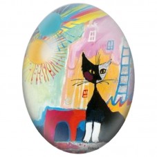 Cabochon en Verre Illustré Chat Noir et Blanc devant une Maison Colorée 13x18, 18x25 ou 30x40mm pour la Création de Bijoux Fanta