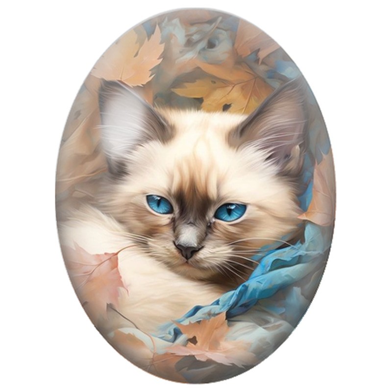 Cabochon en Verre Illustré Chat Siamois parmi les Feuilles d’Automne 13x18, 18x25 ou 30x40mm