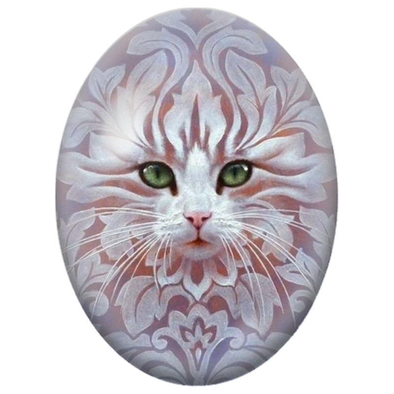 Cabochon en Verre Illustré Visage de Chat Blanc aux Motifs Damassés 13x18, 18x25 ou 30x40mm