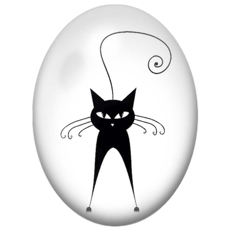 Cabochon en Verre Illustré Chat Noir Minimaliste à la Queue en Spirale 13x18, 18x25 ou 30x40mm