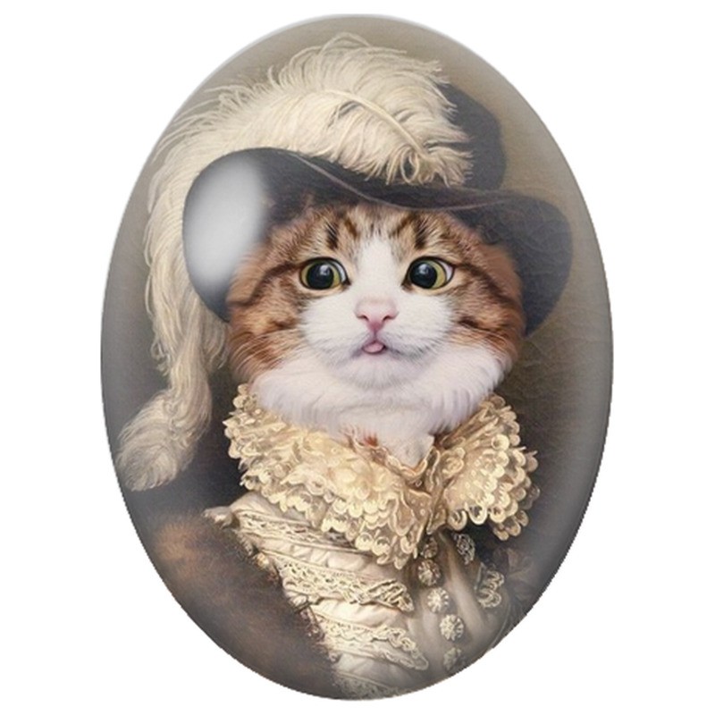 Cabochon en Verre Illustré Chat Mousquetaire au Chapeau à Plume 13x18, 18x25 ou 30x40mm