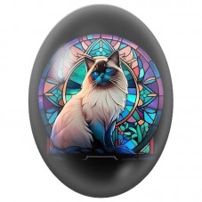 Cabochon en Verre Illustré Chat Siamois devant un Vitrail Turquoise 13x18, 18x25 ou 30x40mm pour la Création de Bijoux Fantaisie