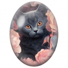Cabochon en Verre Illustré Chat Gris parmi les Fleurs Pêche 13x18, 18x25 ou 30x40mm pour la Création de Bijoux Fantaisie - DIY