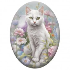 Cabochon en Verre Illustré Chat Blanc dans un Jardin Pastel 13x18, 18x25 ou 30x40mm pour la Création de Bijoux Fantaisie - DIY