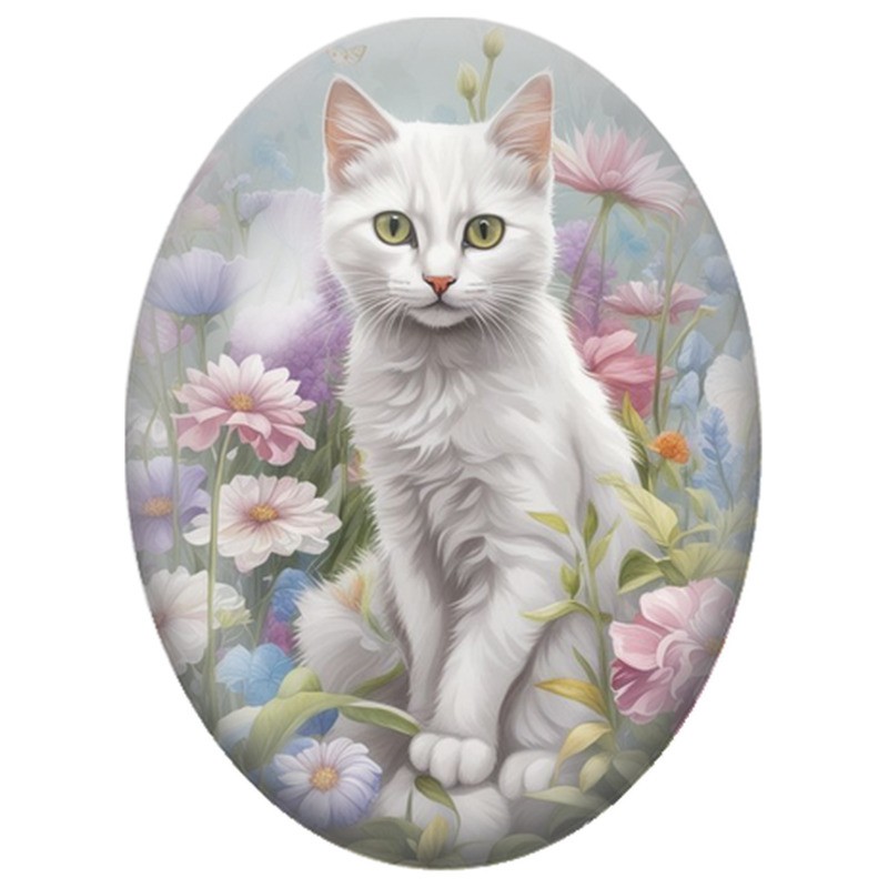 Cabochon en Verre Illustré Chat Blanc dans un Jardin Pastel 13x18, 18x25 ou 30x40mm